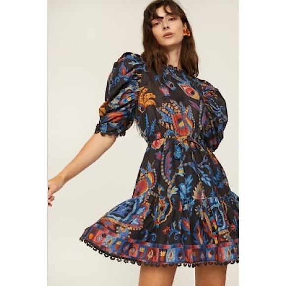 Very Rare Farm Rio Tapestry Floral Mini Dress Short Sleeve Black Blue Red XS New - Picture 6 of 11